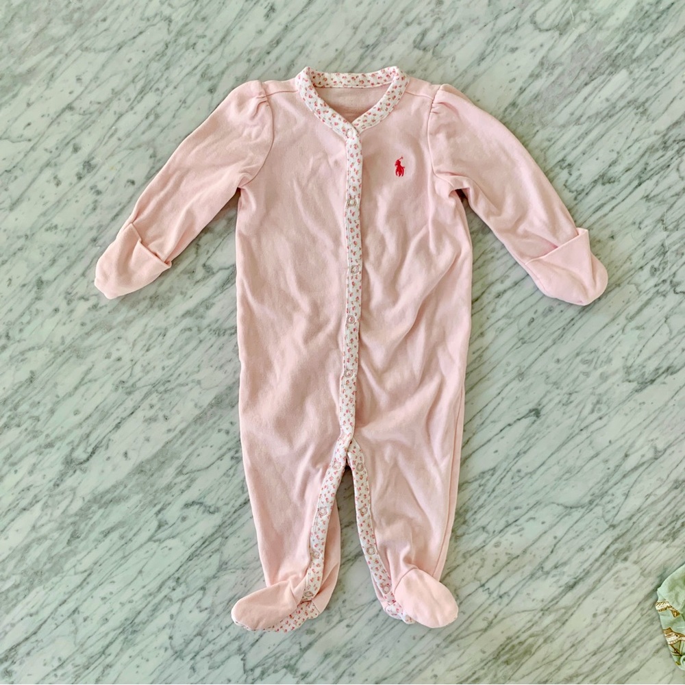Ralph Lauren Footie Onesie | Baby Girl Pink w/ Floral Detail | Footie Pajamas